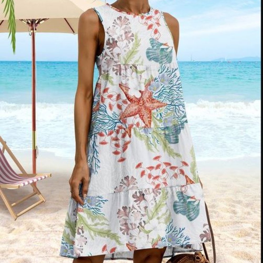White & Coral Underwater Tiered Crewneck Sleeveless Dress